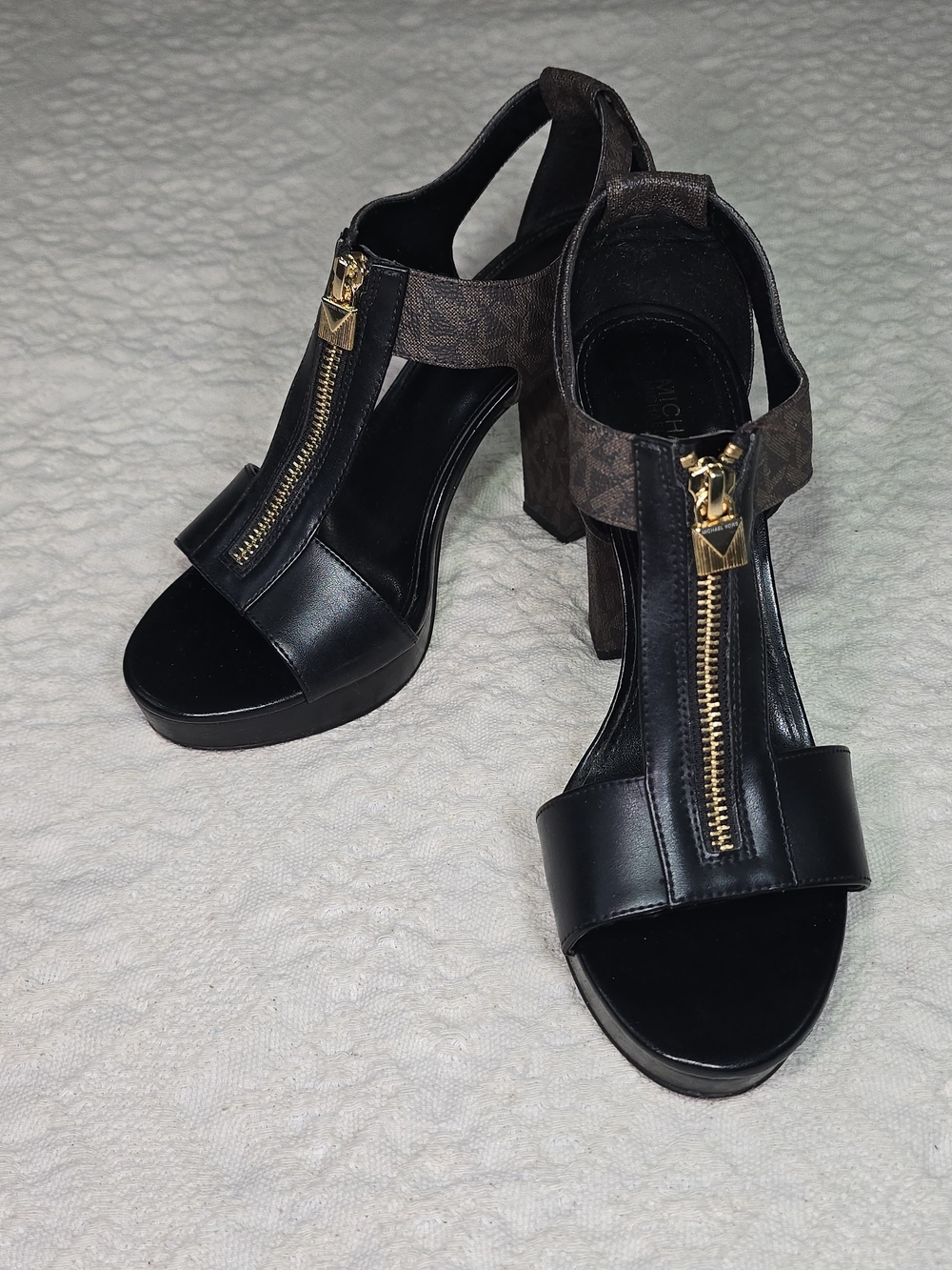 Michael Kors Black Leather Platform Sandals with Gold Zip